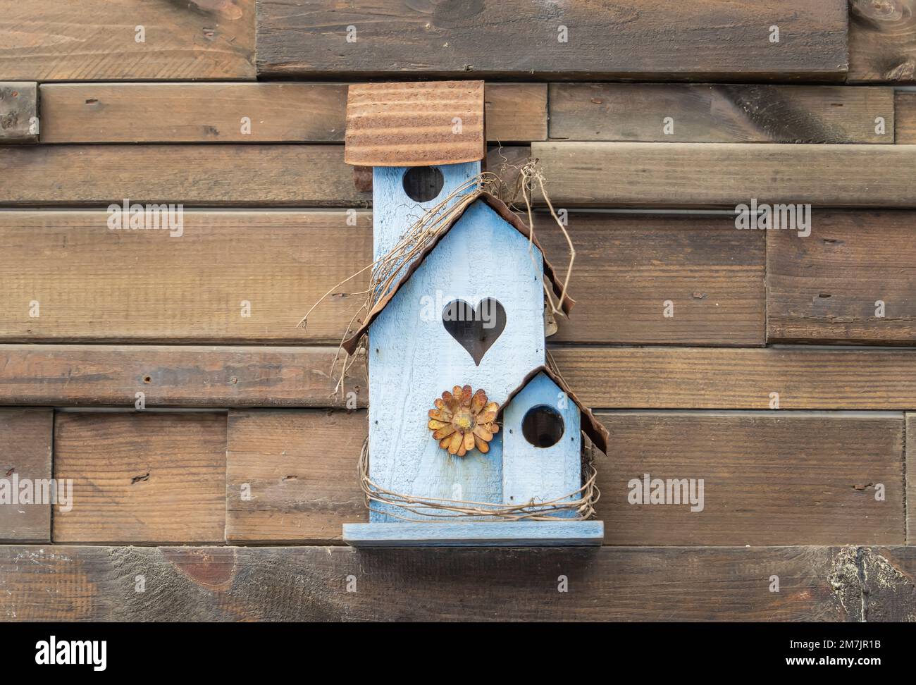 Birdhouse o roost box sulla parete di legno di un edificio, cura per gli animali Foto Stock