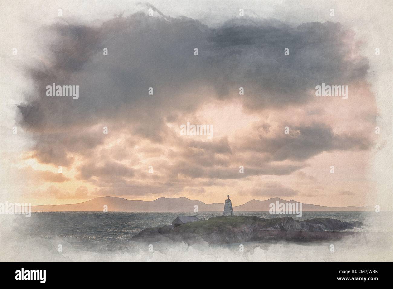 Il faro dell'isola di Llanddwyn. TWR Bach Digital Watercolor painting a Ynys Llanddwyn ad Anglesey, Galles, Regno Unito. Foto Stock