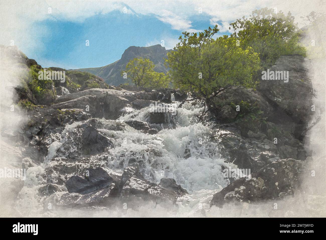 Llyn idwal pittura digitale acquerello di una cascata che corre lungo la montagna a CWM Idwal, Nant Ffrancon valle, Galles, Regno Unito. Foto Stock