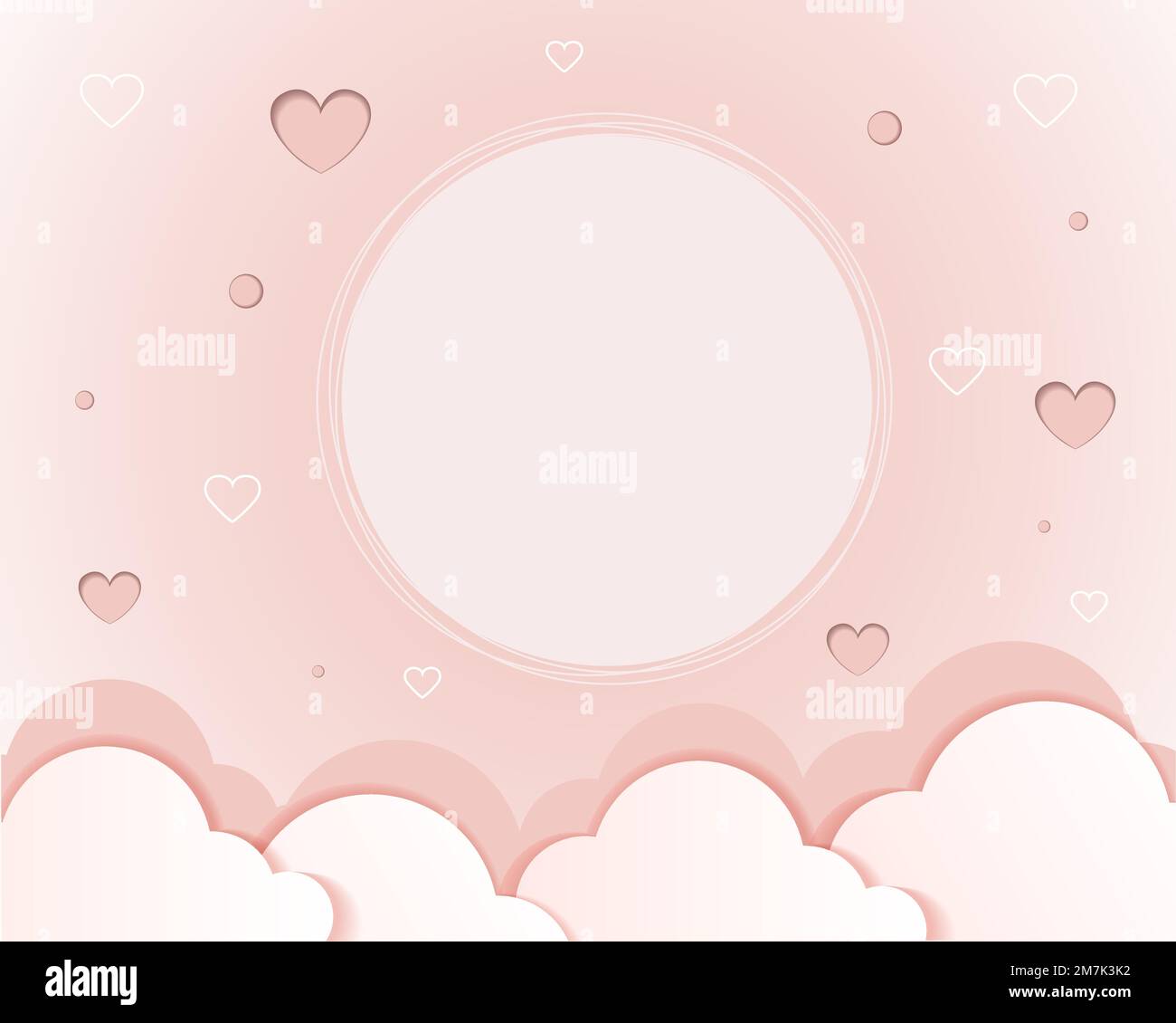 Delicato sfondo rosa di San Valentino con cuori e nuvole in stile taglio carta. Modello per una scheda e spazio per un'iscrizione. Vettore. Cartolina Illustrazione Vettoriale