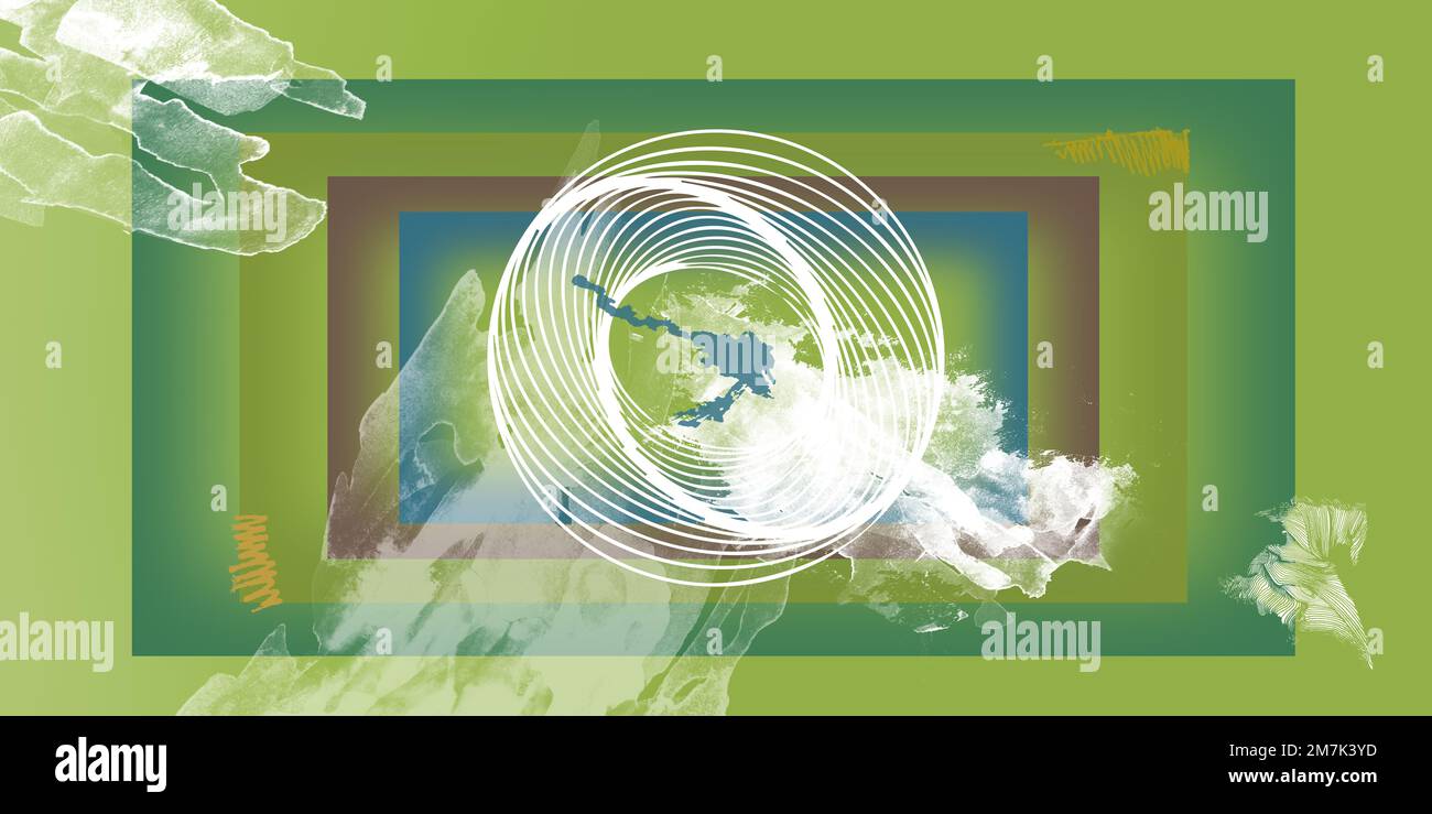 Disegno decorativo di quadrati e spirale bianca con sfondo verde Foto Stock