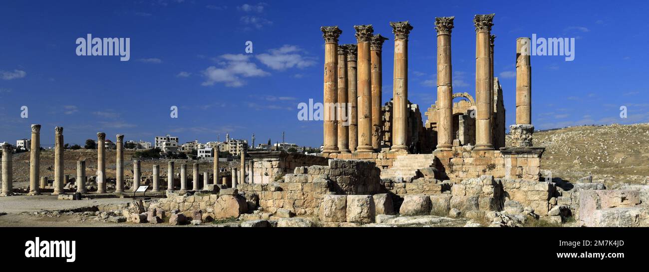 Vista sul Tempio di Artemis nella città di Jerash, Giordania, Medio Oriente Foto Stock