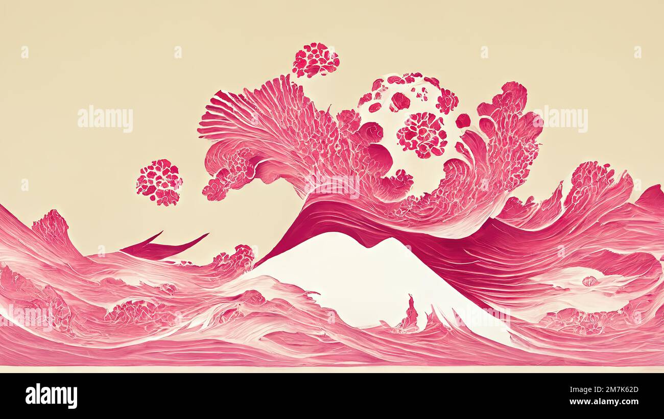 Onde organiche rosa, astratte e suggestive, retrò ed eleganti, prodotte da Katsushika Hokusai in stile Ukiyo-e giapponese tradizionale e design grafico A. Foto Stock