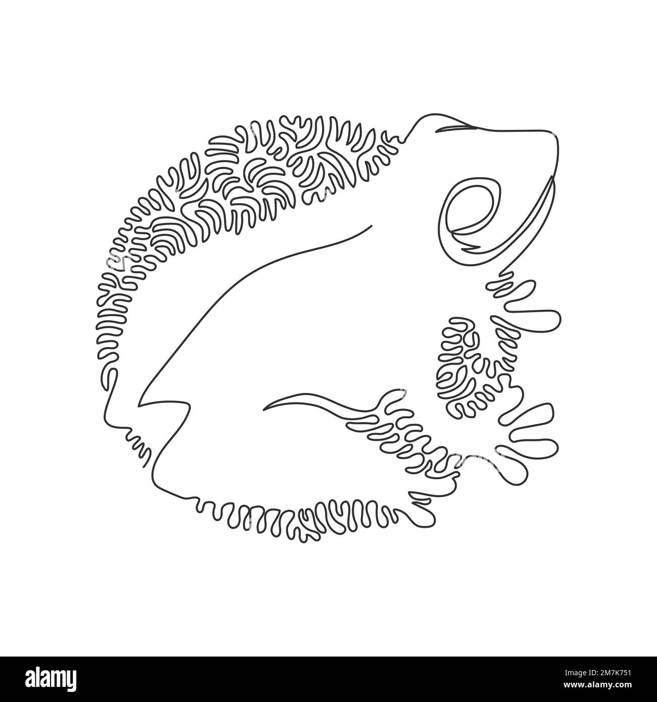 Disegno continuo di una linea curva di divertente rana astratta arte in cerchio. L'illustrazione del vettore del tratto modificabile a linea singola della rana ha un corpo stout Illustrazione Vettoriale