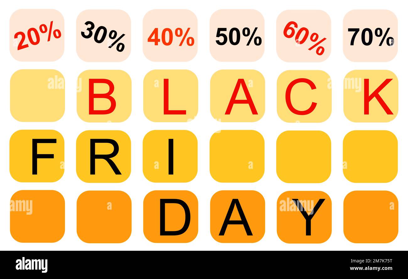 Poster con sfondo bianco e quadratini sfumati con testo e offerte, in riferimento al Black Friday, il giorno di vendita al miglior prezzo. Foto Stock