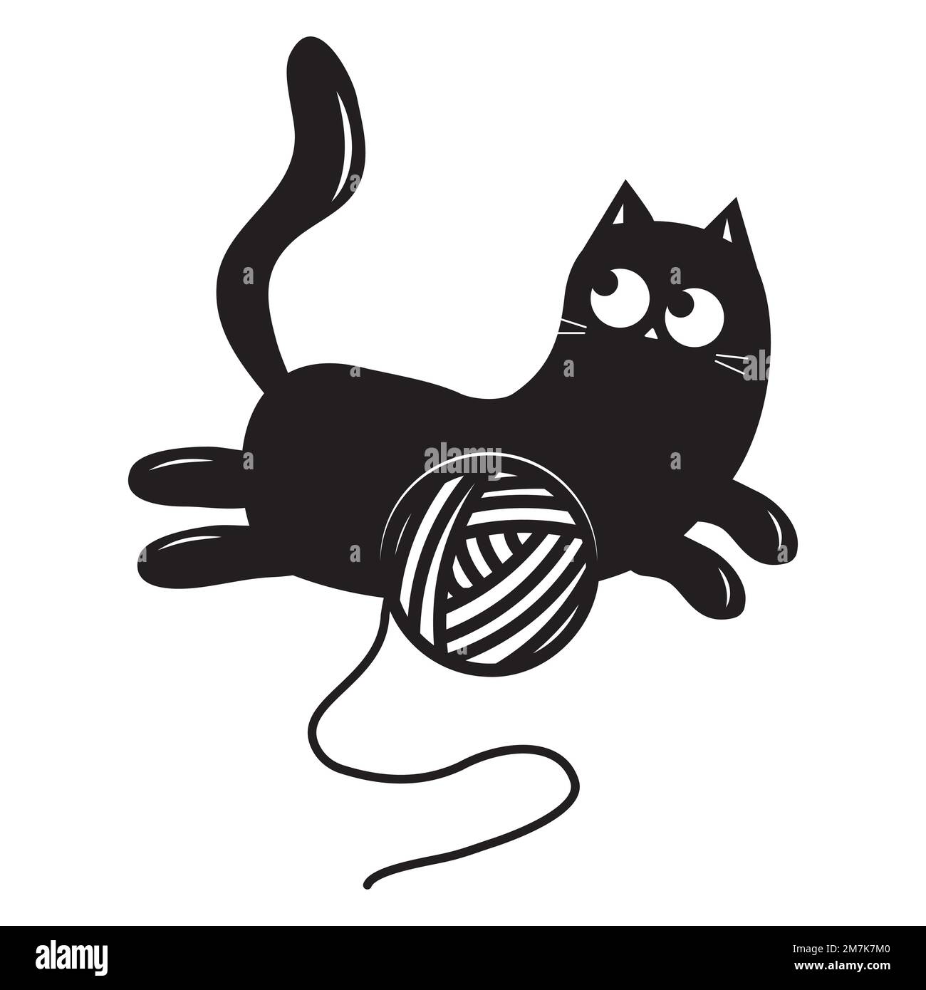 Carino gatto giocare con una palla di filo, contorno nero, vettore di illustrazione in stile doodle. Illustrazione Vettoriale