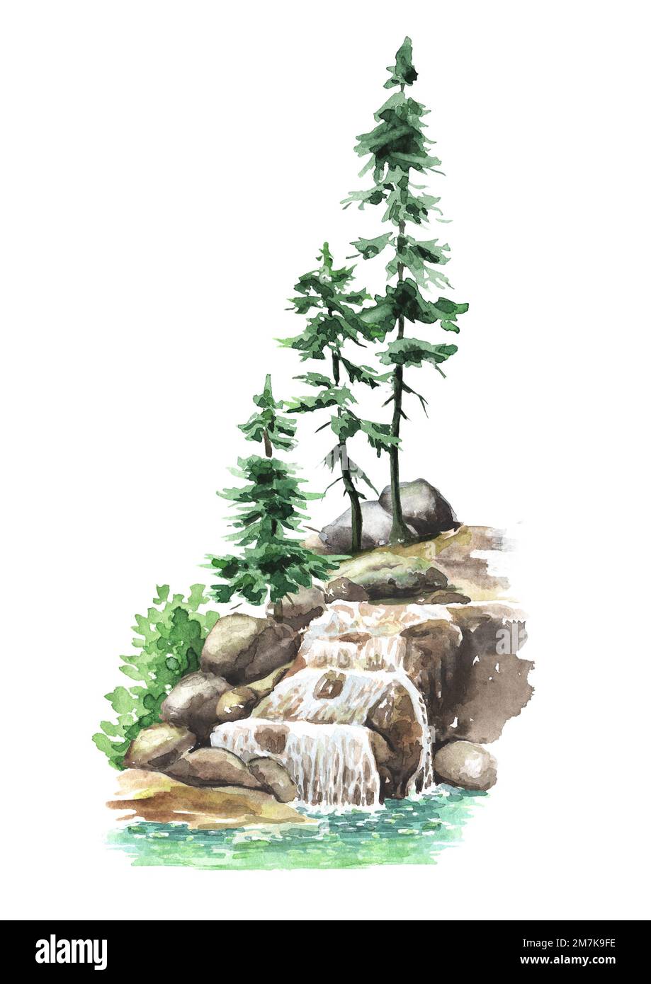 Forest Waterfall, illustrazione disegnata a mano acquerello isolato su sfondo bianco Foto Stock