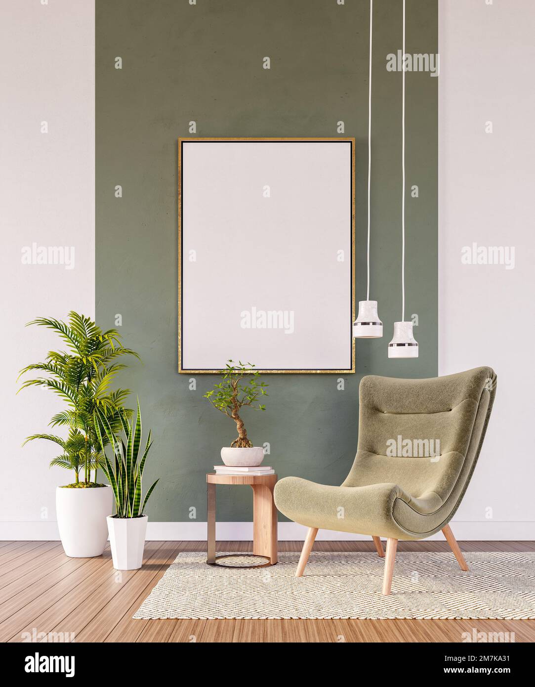 Mock up Design interno soggiorno con poltrona verde e cornice vuota 3D render Foto Stock