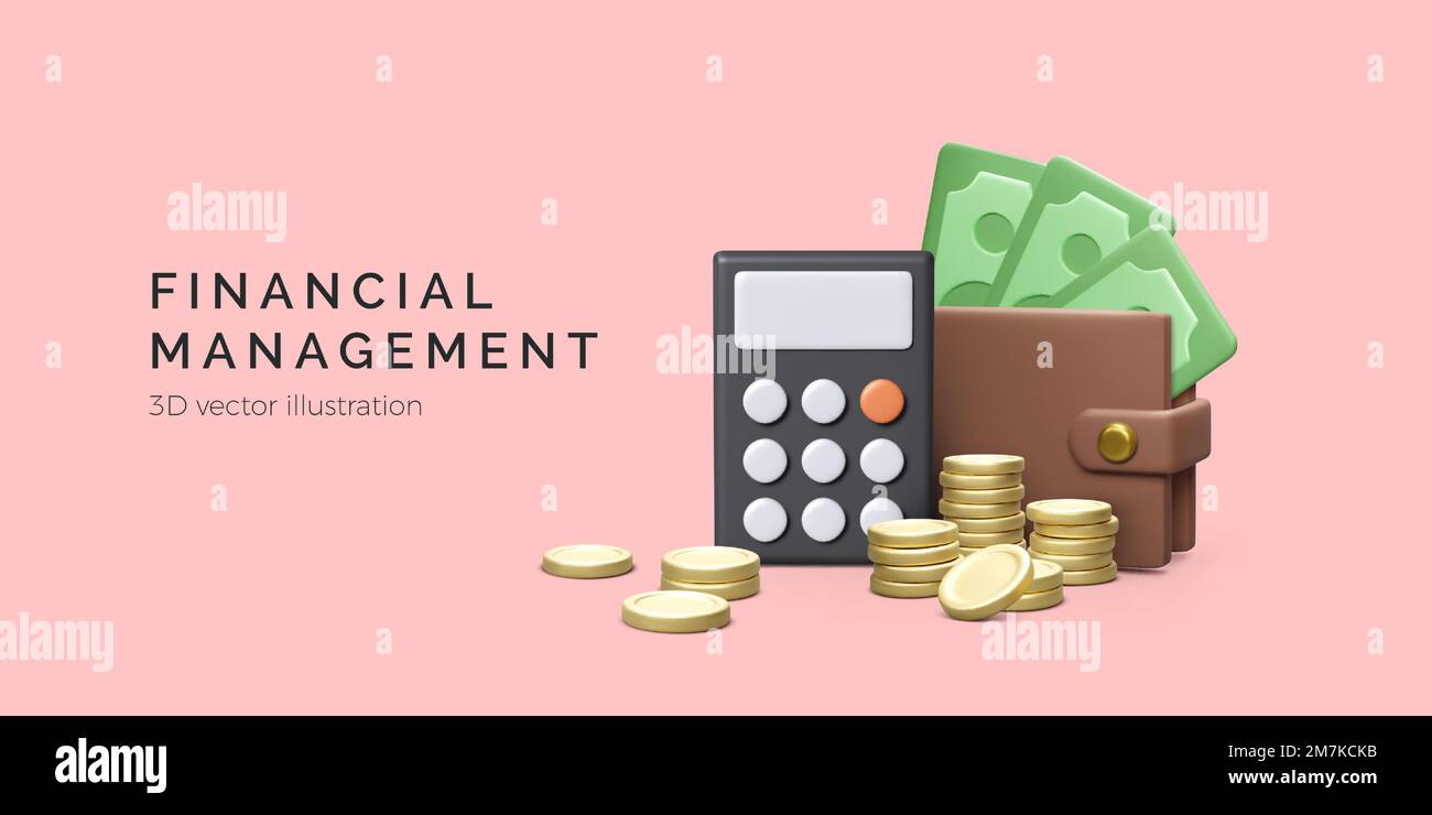 Calcolatrice portafoglio monete d'oro con carta moneta in stile 3D. Concetto di contabilità e risparmio. Banner aziendale di gestione finanziaria. Vettore illus Illustrazione Vettoriale
