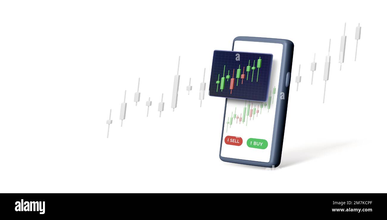 Telefono cellulare con app di borsa sullo schermo in stile 3D. Render di applicazione di investimento e banner aziendale. Illustrazione vettoriale Illustrazione Vettoriale