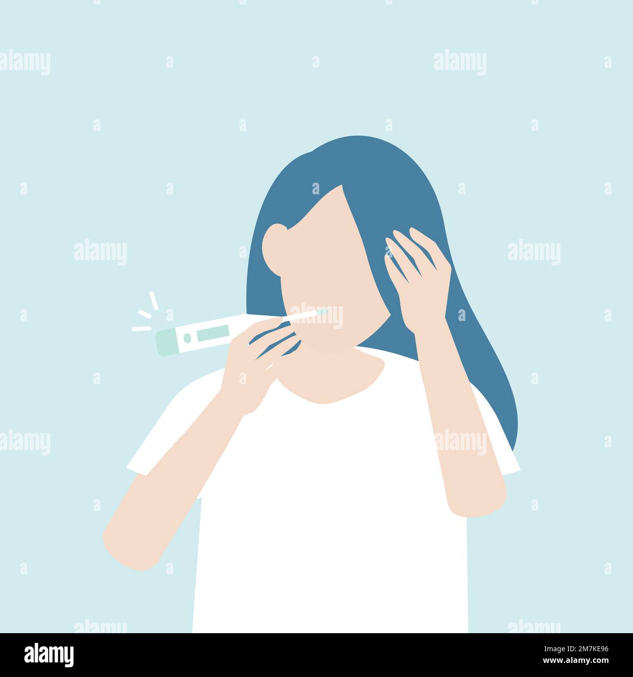 Donna con febbre alta che controlla la sua temperatura covid-19 vettore di consapevolezza Illustrazione Vettoriale