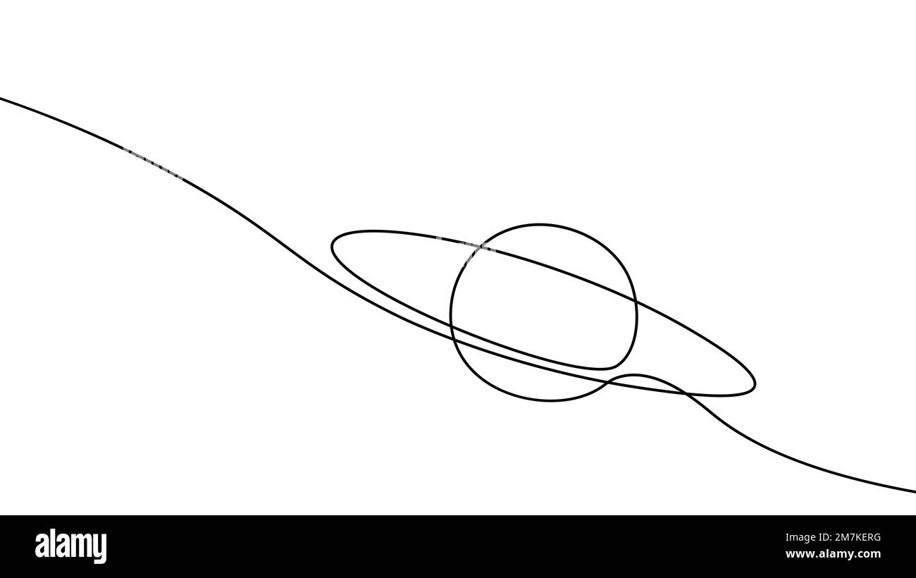 Una linea continua concetto di astronomia del pianeta saturno. Disegno a linea singola del cerchio orbinale del logo dello spazio. Illustrazione grafica vettoriale dello stile scientifico Illustrazione Vettoriale