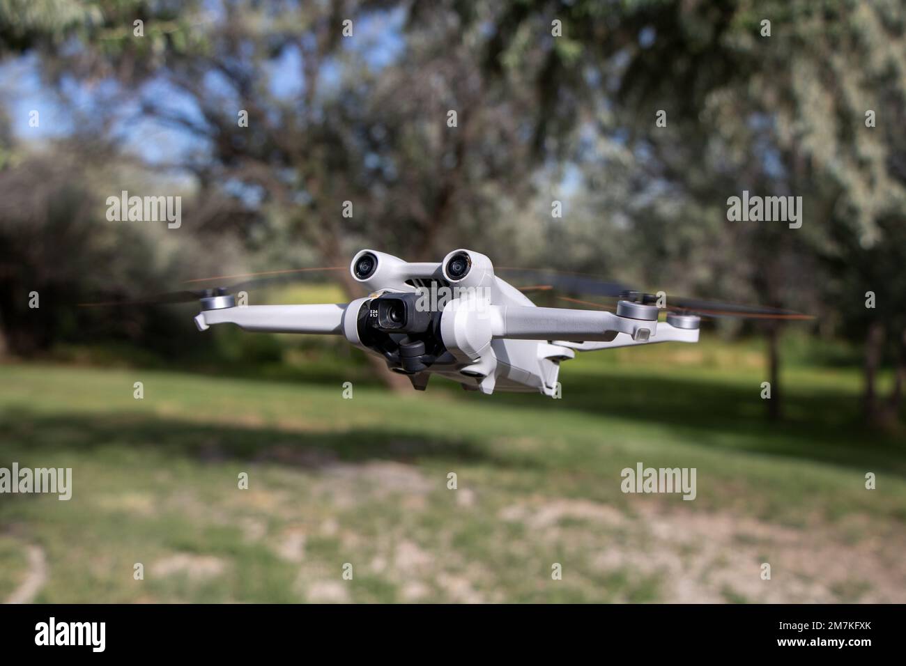Primo piano del drone aereo DJI Mini 3 Pro sullo sfondo degli alberi  sfocati Foto stock - Alamy