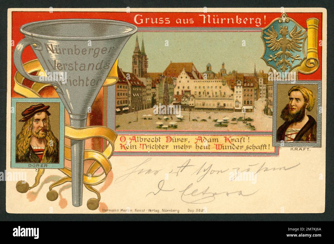 Europa, Deutschland, Bayern, Mittelfranken, Nürnberg, Postkarte mit dem Titel ' Gruss aus Nürnberg ' , Porträts von Kraft und Dürer und Ansicht der Innenstadt , außerdem ist der sog. Nürnberger Trichter zu sehen . Postkarte wurde am 13. 08. 1903 verschickt, Herausgeber : Hermann Martin, Kunstverlag, Nürnberg , Rechte werden nicht vertreten . / Europa, Germania, Baviera, Franconia centrale, Norimberga, Cartolina con il titolo : ' Gruss aus Nürnberg ' ( saluti da Norimberga ) , ritratti da von Kraft e Dürer e una vista sul centro storico della città , c'è anche il cosiddetto Norimberga Foto Stock Europa, Deutschland, Bayern, Mittelfranken, Nürnberg, Postkarte mit dem Titel ' Gruss aus Nürnberg ' , Porträts von Kraft und Dürer und Ansicht der Innenstadt , außerdem ist der sog. Nürnberger Trichter zu sehen . Postkarte wurde am 13. 08. 1903 verschickt, Herausgeber : Hermann Martin, Kunstverlag, Nürnberg , Rechte werden nicht vertreten . / Europa, Germania, Baviera, Franconia centrale, Norimberga, Cartolina con il titolo : ' Gruss aus Nürnberg ' ( saluti da Norimberga ) , ritratti da von Kraft e Dürer e una vista sul centro storico della città , c'è anche il cosiddetto Norimberga Foto Stock