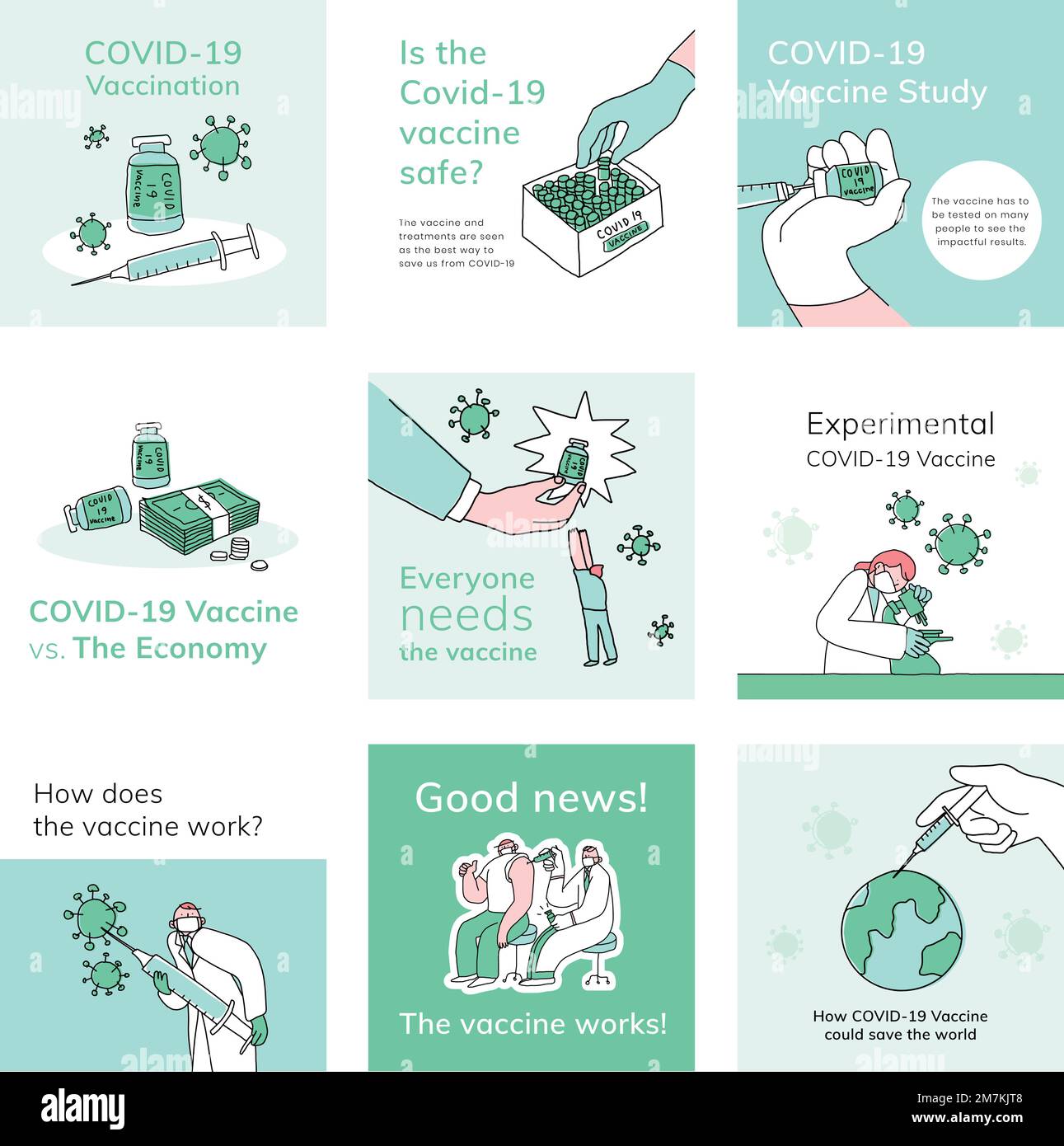 Covid 19 modello modificabile vettore social media post doodle illustrazione set Illustrazione Vettoriale