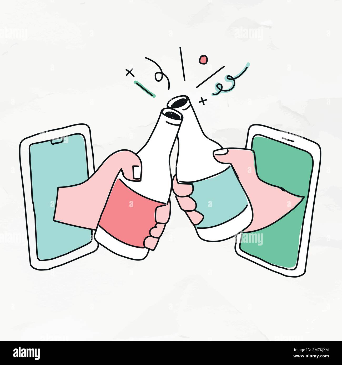 Virtual Hangout vettore sociale distanziamento in nuovo stile di vita normale doodle disegno Illustrazione Vettoriale