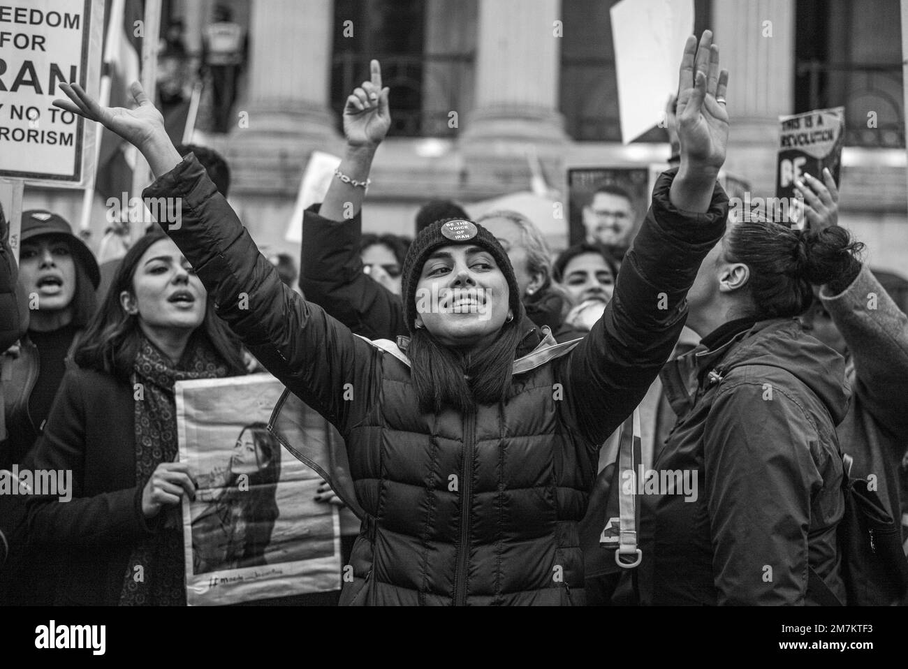 Gli iraniani britannici protestano a Londra contro il regime oppressivo in Iran. Foto Stock