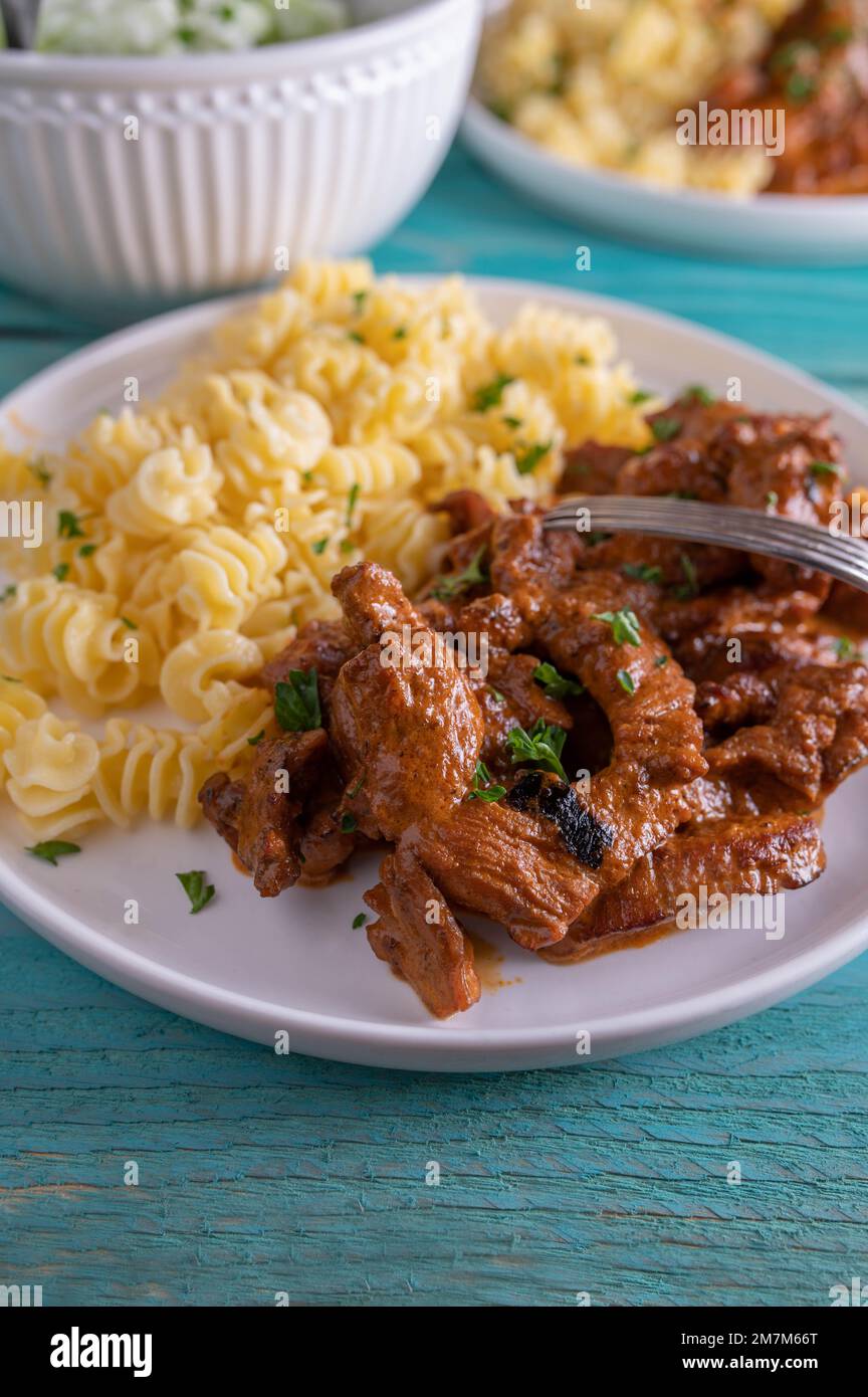 Geschnetzeltes, stufato o ragù con salsa cremosa e pasta su fondo colorato Foto Stock