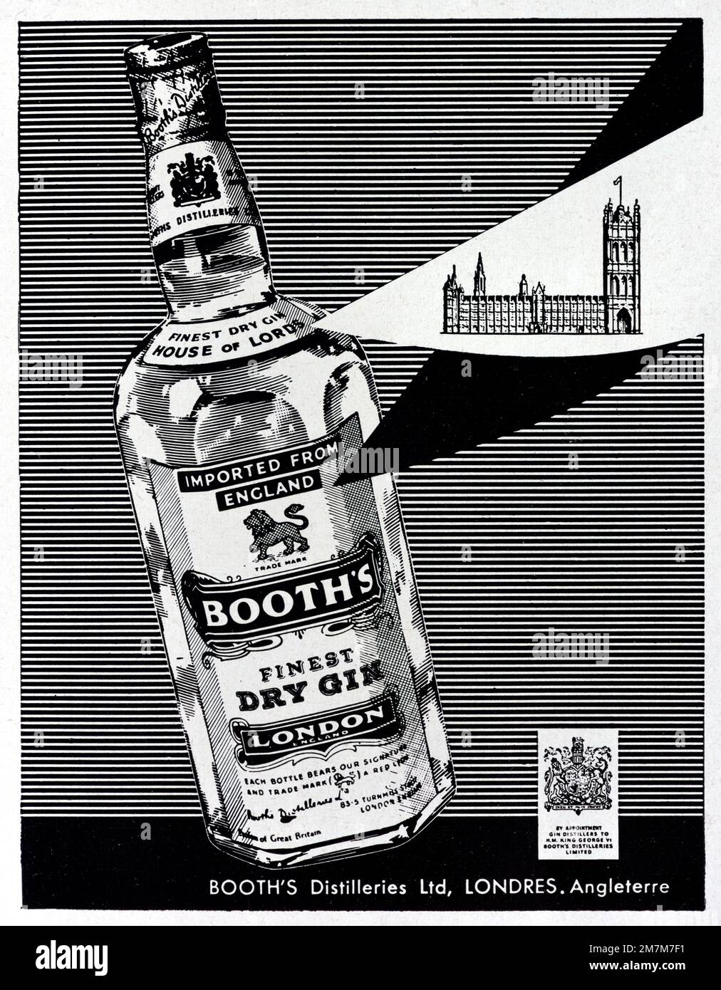 Vintage or Old Advert, Advertisement, publication or Illustration for bottle of Booths Gin 1956 illustrato con un'immagine delle Houses of Parliament London. Foto Stock