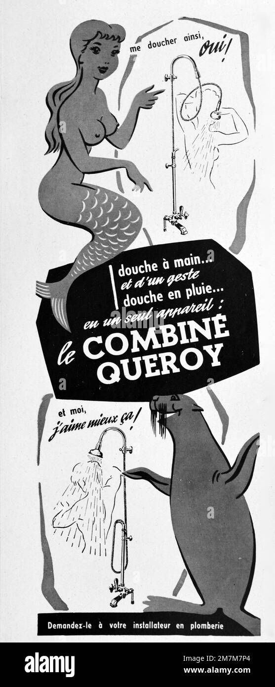 Vintage or Old Advert, Pubblicità, Pubblicità o Illustrazione per 1950s Combiné Queroy doccia 1956. Illustrato con immagini di una Sirenetta e di un Leone di mare. Foto Stock