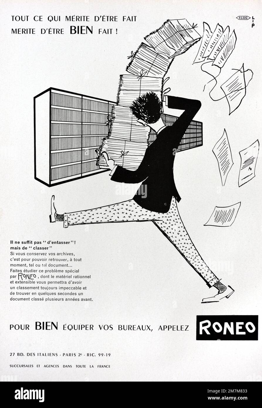 Annuncio vintage o vecchio, pubblicità, pubblicità o illustrazione per 1950s scaffali Roneo o Sheling 1956 annuncio Foto Stock