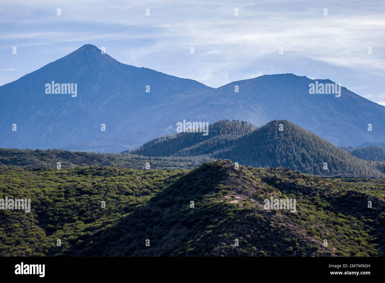 Blu Monte Teide in lontananza con verdi colline in primo piano, sotto un cielo blu parzialmente nuvoloso Foto Stock