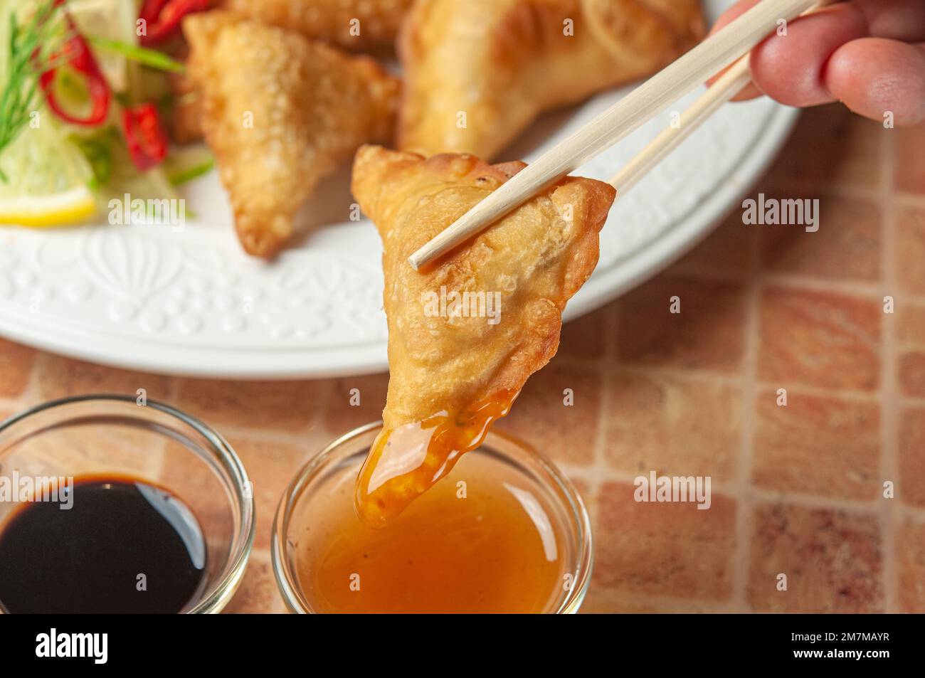 Wonton cinesi con salsa dolce al peperoncino e bastoncini tritare. Gnocchi fritti asiatici con salsa di soia su piatto bianco. Foto Stock