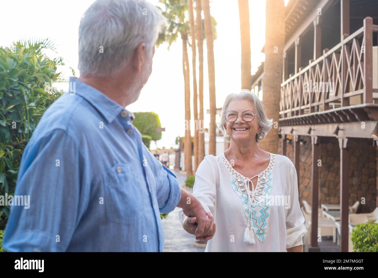 Ritratto di una felice e carina mano anziana in mano di vecchia moglie pensionato che cammina e visita nuovi luoghi insieme al tramonto sullo sfondo. Coppia che si diverte nel parco. Foto Stock