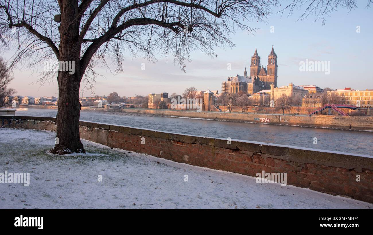Cattedrale di Magdeburgo in inverno, Magdeburgo, Sassonia-Anhalt, Germania Foto Stock