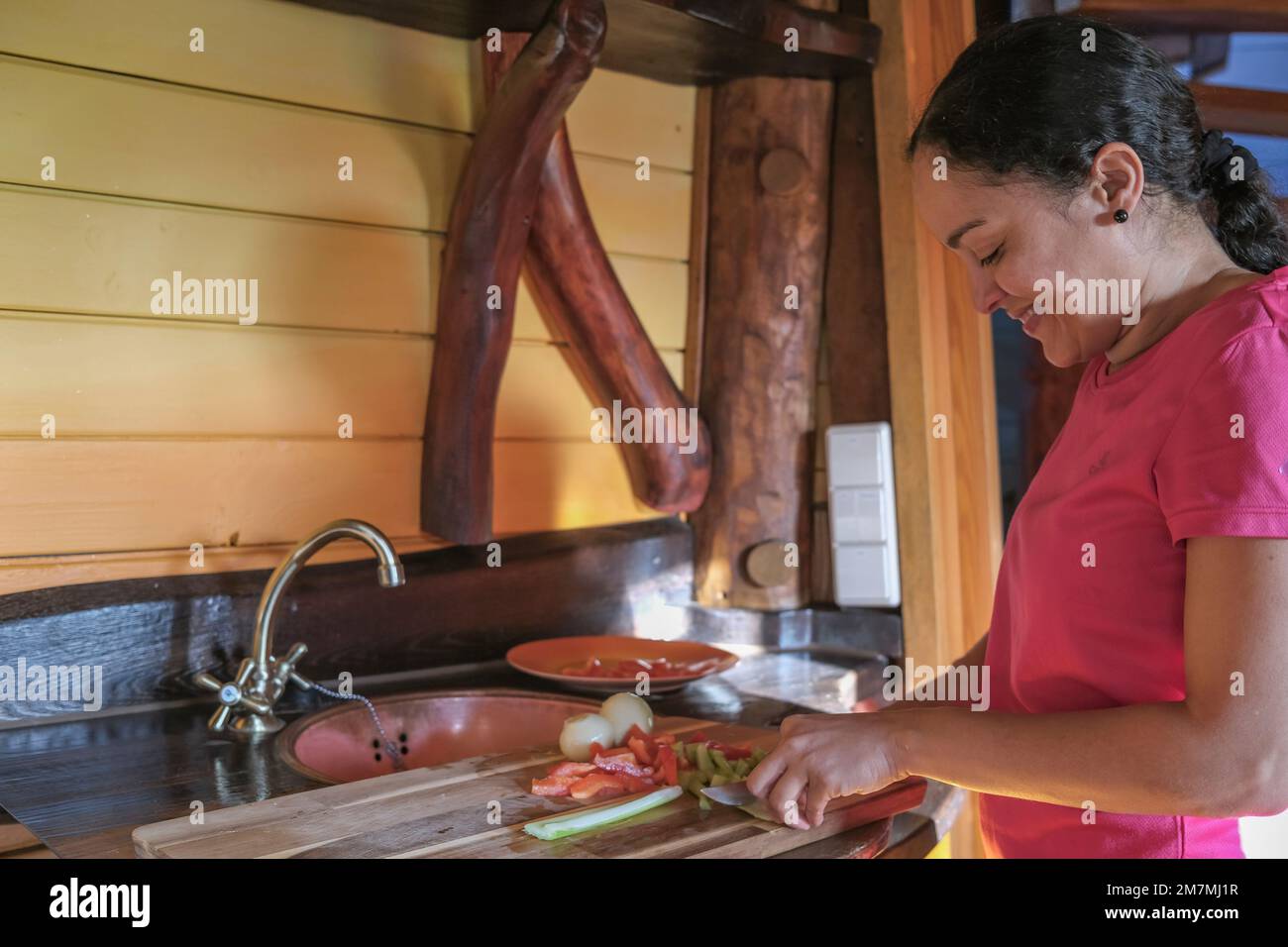 Europa, Germania, Germania meridionale, Baden-Württemberg, regione di Schönbuch, Weil im Schönbuch, donna che taglia gli ingredienti in un hotel di Weil im Schönbuch Foto Stock