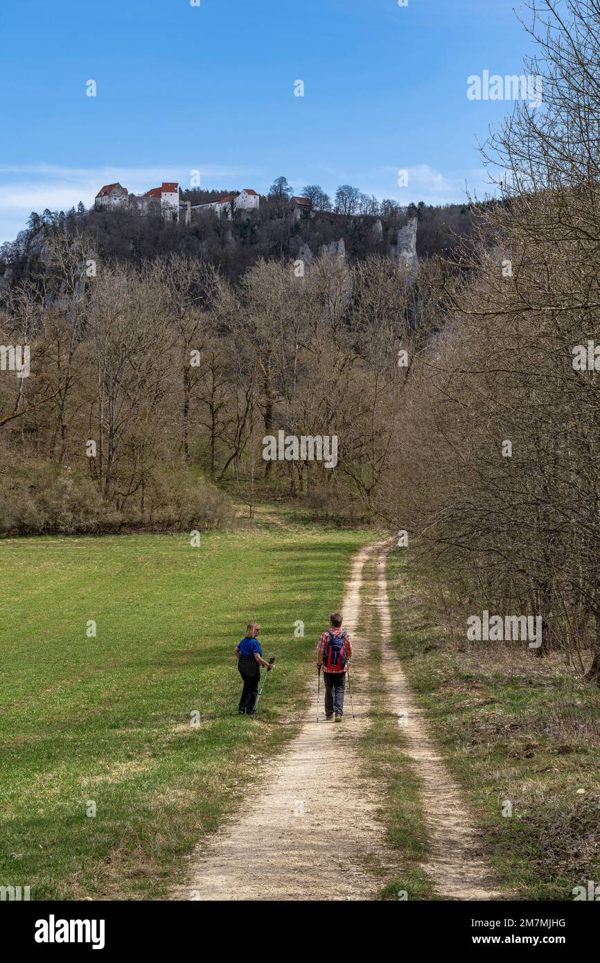 Europa, Germania, Germania meridionale, Baden-Wuerttemberg, valle del Danubio, Sigmaringen, Beuron, escursionista su un sentiero con il castello di Wildenstein sullo sfondo Foto Stock