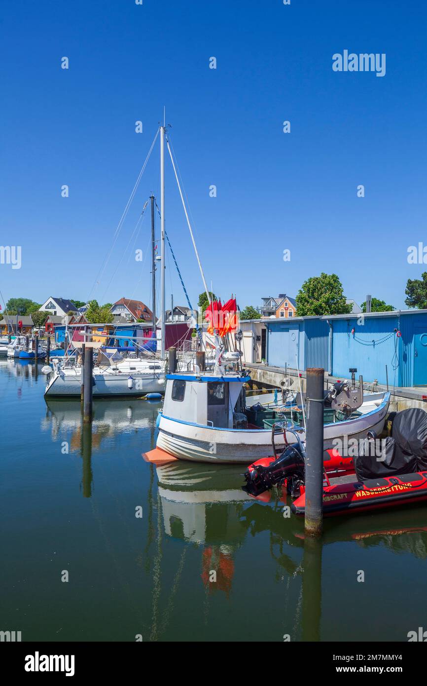 Barche da pesca nel porto, Niendorf, Timmendorfer Strand, Baia di Lübeck, Mar Baltico, Schleswig-Holstein, Germania, Europa Foto Stock