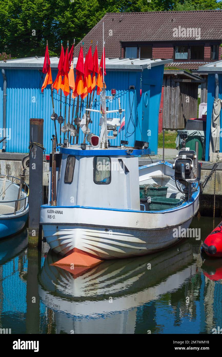 Barche da pesca nel porto, Niendorf, Timmendorfer Strand, Baia di Lübeck, Mar Baltico, Schleswig-Holstein, Germania, Europa Foto Stock