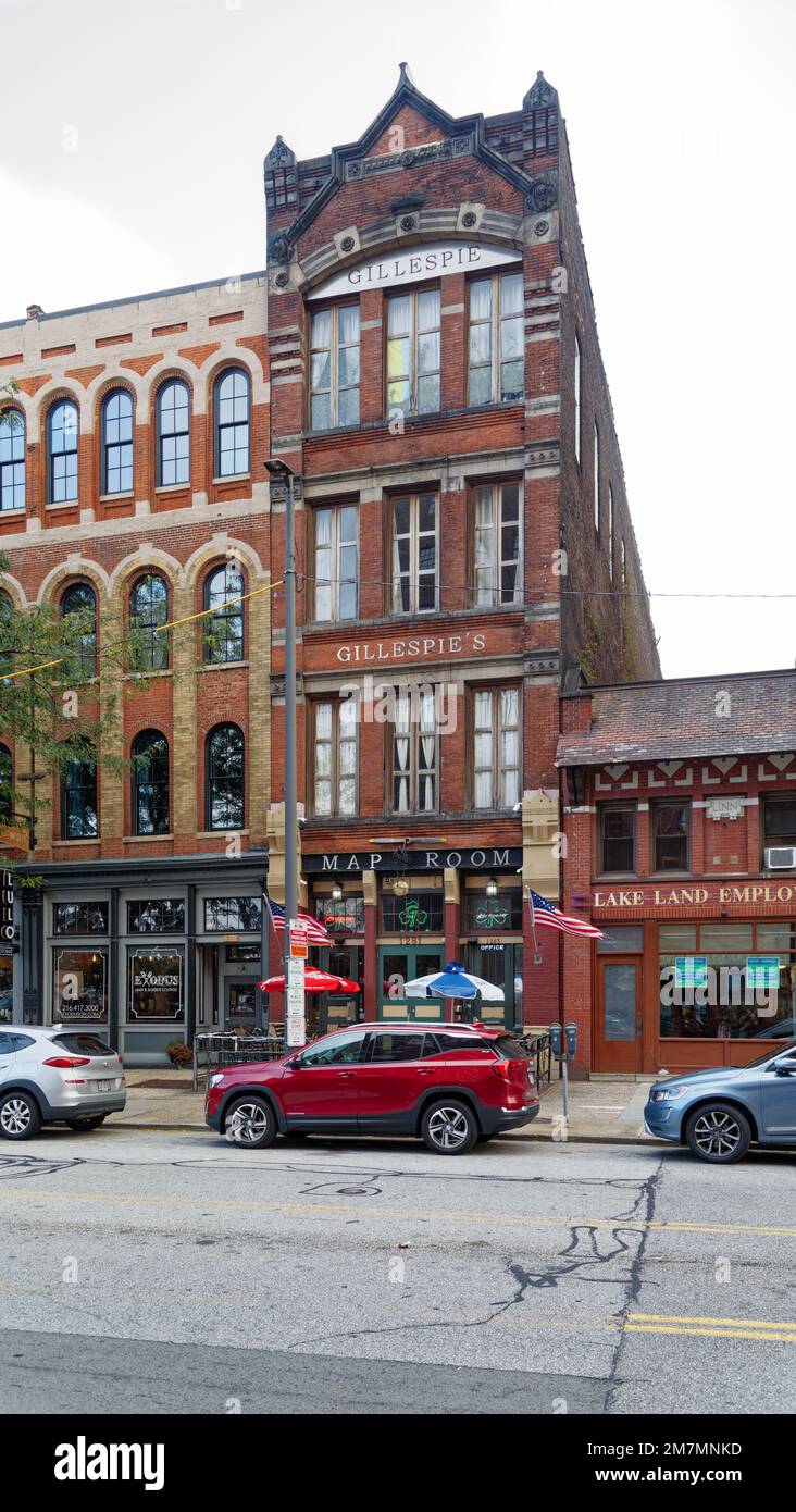 La sala mappa di Gillespie occupa ora il Miller Building del 1895. Il punto di riferimento in mattoni e pietra si trova sulla West 9th Street tra Bloch Block e l'Hotel Linn. Foto Stock