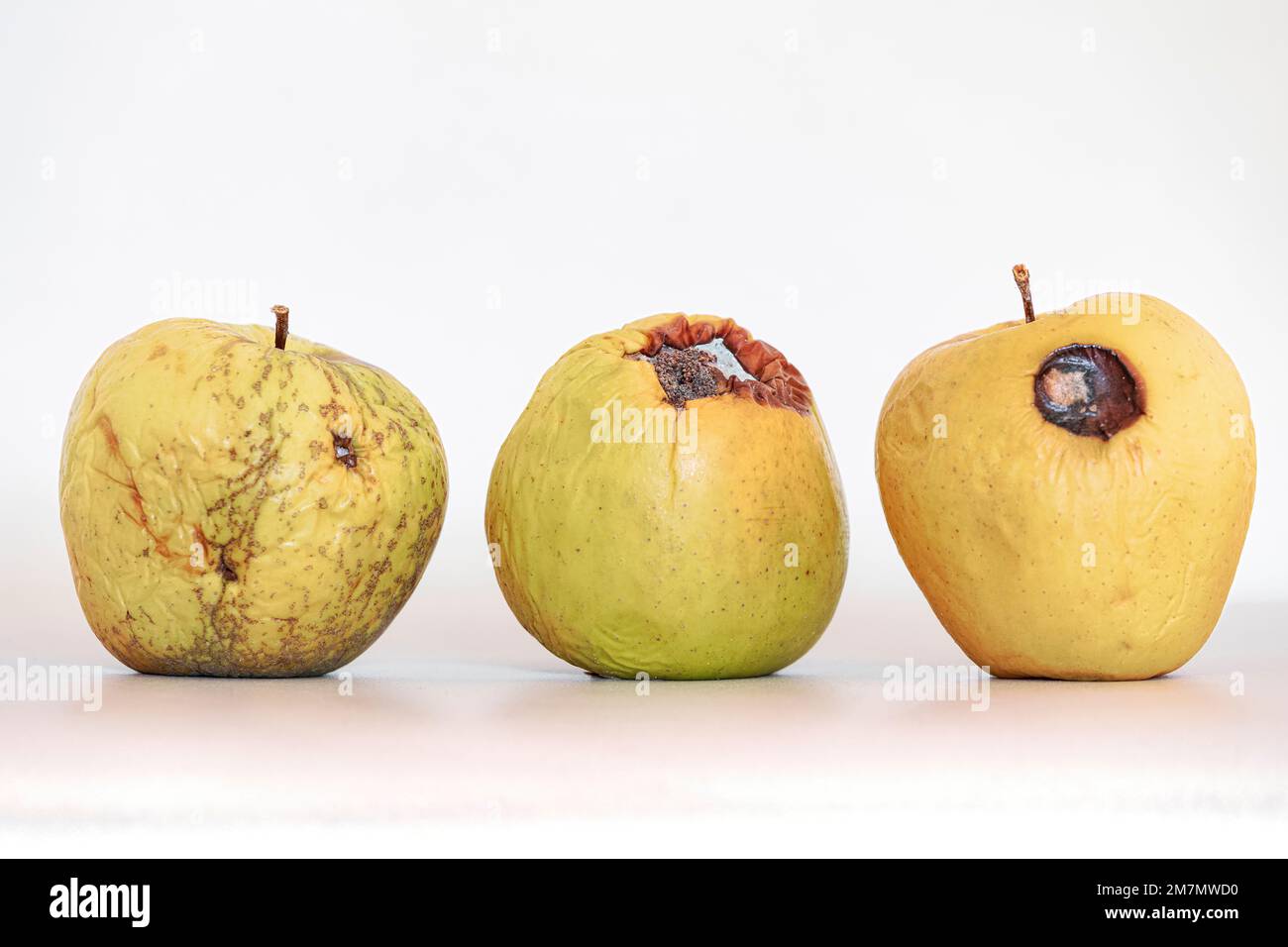 Mele rovinate, disidratate e marciume, frutta isolata su fondo bianco Foto Stock