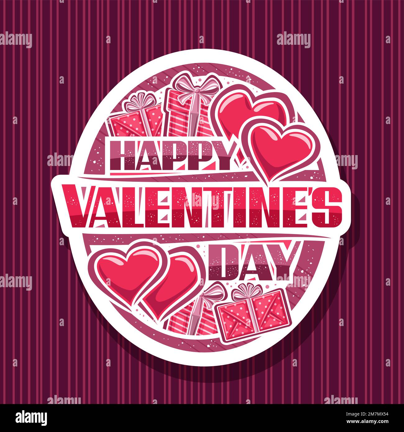 Logo vettoriale per San Valentino, etichetta ovale decorativa bianca con illustrazioni di scatole regalo con archi, coppia di cuori di San Valentino con contorno rosso e testo h Illustrazione Vettoriale