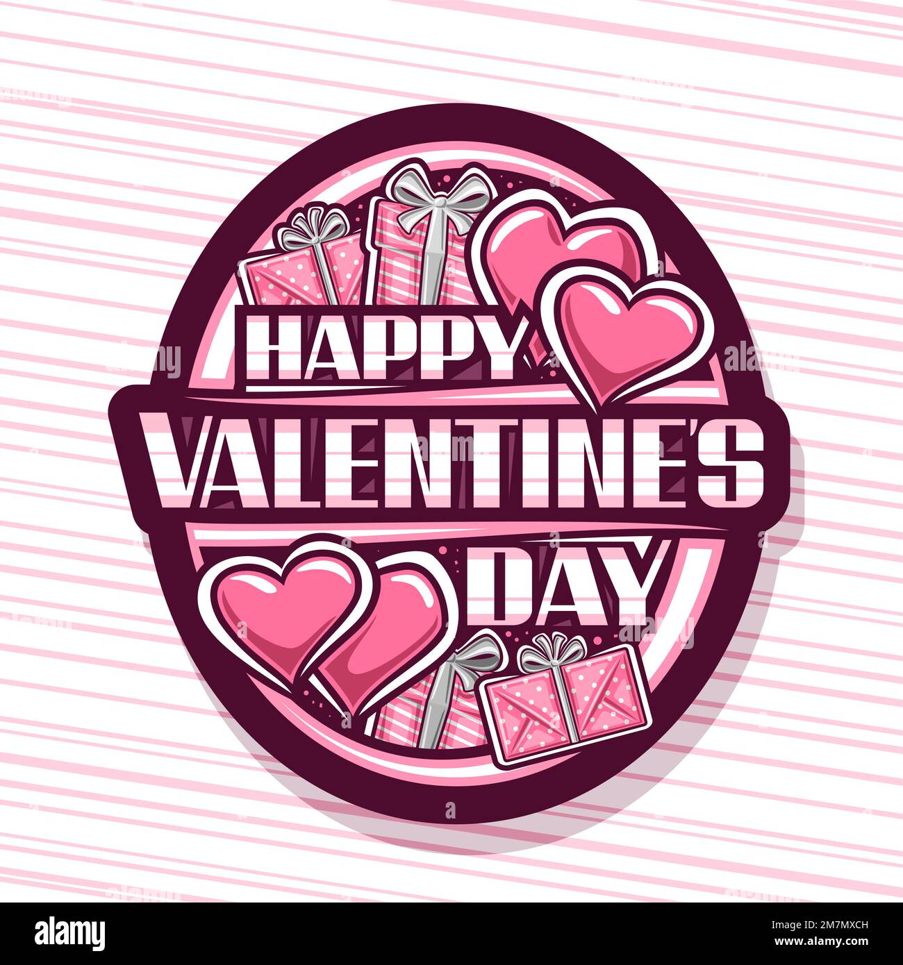 Logo vettoriale per San Valentino, etichetta ovale decorativa scura con illustrazioni di scatole regalo con archi, coppia di cuori di San Valentino con contorno rosso e testo ha Illustrazione Vettoriale