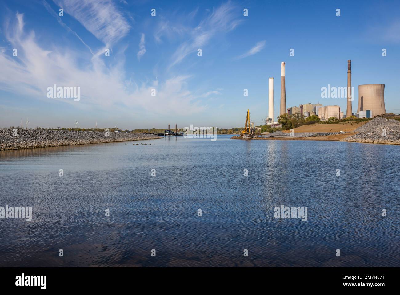 Dinslaken, Voerde, Renania settentrionale-Vestfalia, Germania - Emschermuendung nel Reno. Sito di costruzione della nuova foce del fiume Emscher di fronte al Foto Stock