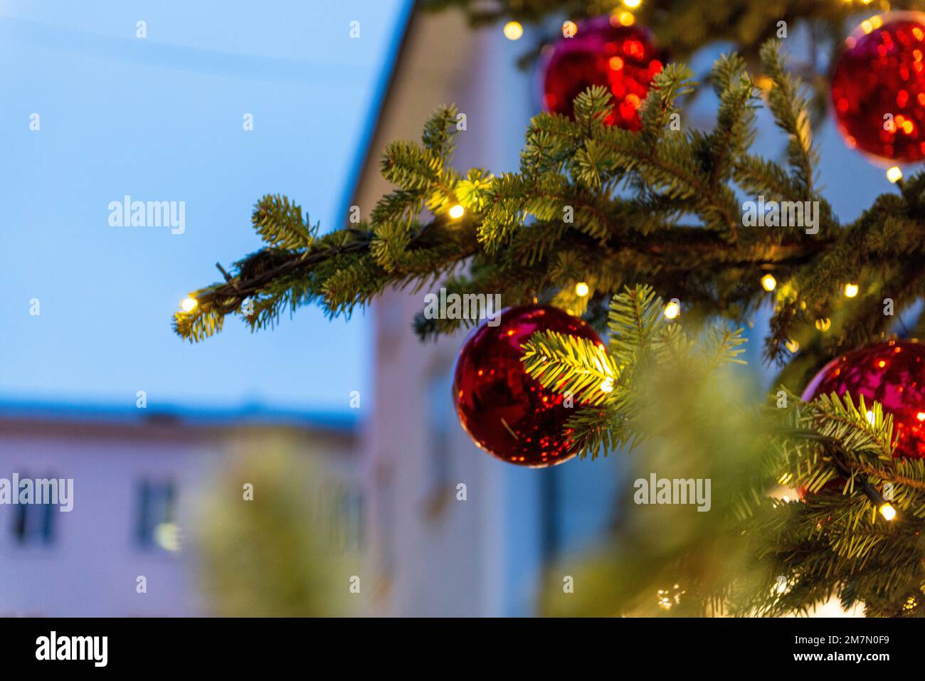 Palle di Natale, palle rosse di albero di Natale su un albero di Natale, dettaglio Foto Stock