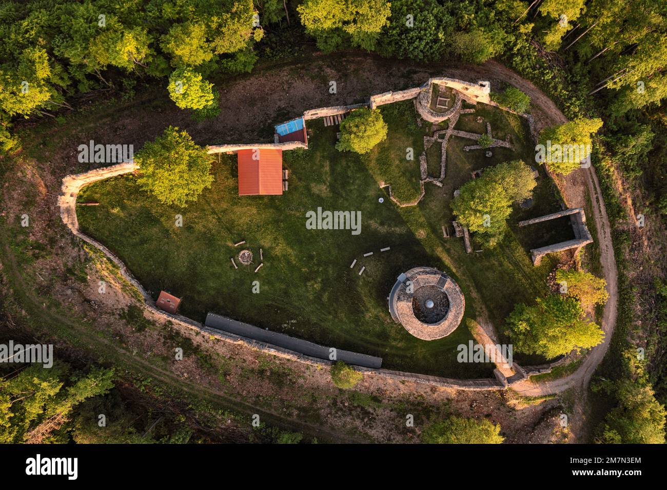 Germania, Turingia, Meiningen, Henneberg, rovina del castello di Henneburg, pareti, vista dall'alto, vista aerea Foto Stock