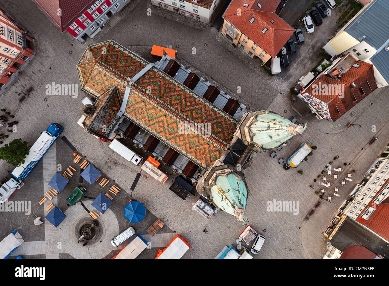 Germania, Turingia, Meiningen, chiesa, nostra Signora, schema delle tegole, vista dall'alto, vista dall'alto Foto Stock