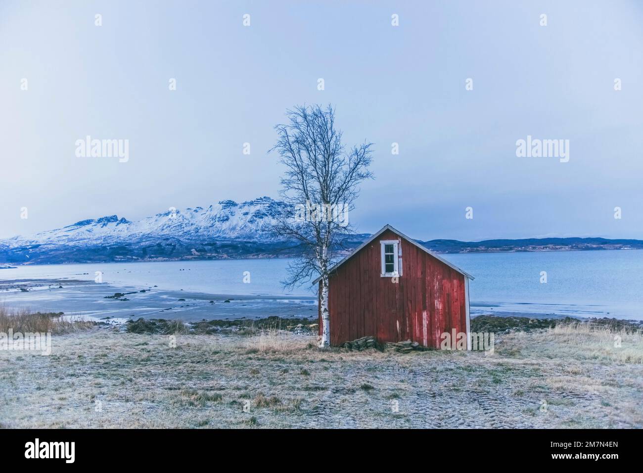 Rifugio solitario sulla spiaggia, Norvegia, paesaggio invernale sul mare Foto Stock