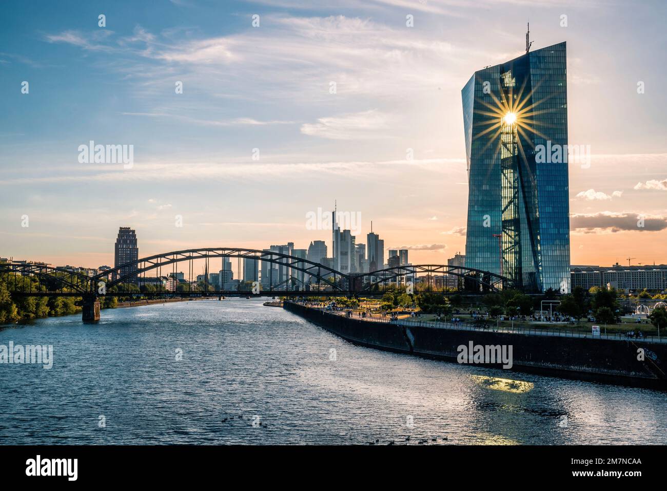 Panorama della città al tramonto, splendida vista sul fiume meno verso lo skyline e le rive della Banca Centrale europea, Francoforte sul meno, Assia Germania Foto Stock