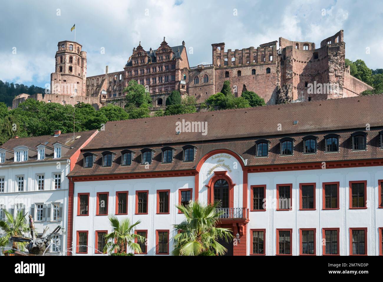 Heidelberg, Baden-Wuerttemberg, Germania, Europa, Karlsplatz veduta dell'Accademia delle Scienze, Castello di Heidelberg sullo sfondo Foto Stock