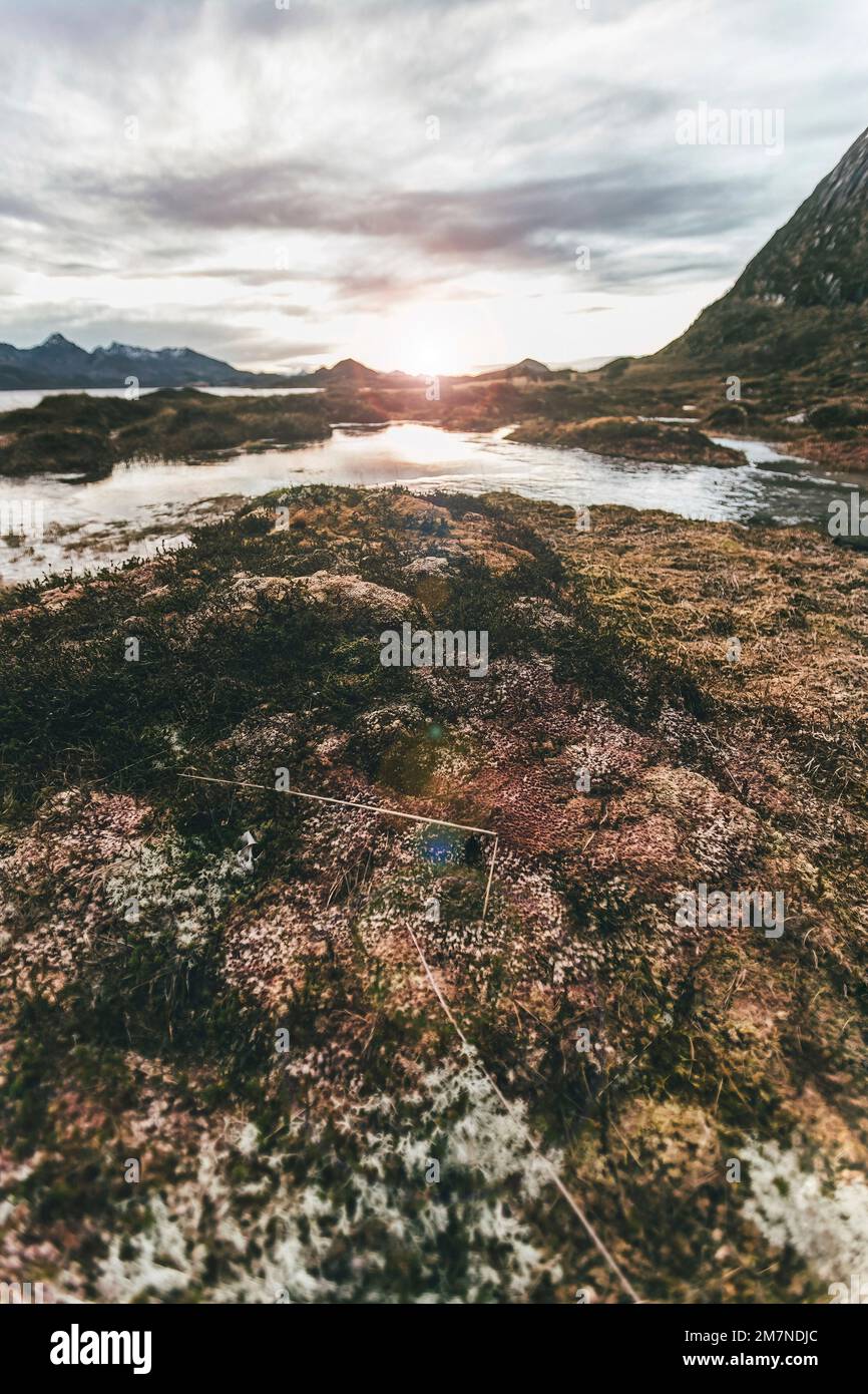 Tipico paesaggio dei fiordi in autunno al tramonto a Vesteralen, Norvegia, paesaggio costiero nordico con rocce, mare, paludi, montagne e acque Foto Stock