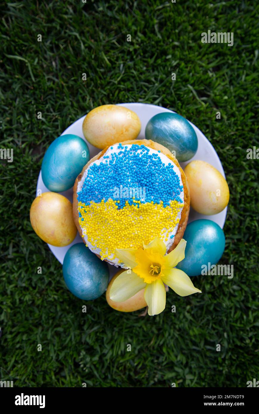 Torta di Pasqua decorata in colori di bandiera Ucraina e uova dipinte in giallo blu, disposti intorno ad essa. concetto di pasqua, tradizioni ucraine. Supporto U Foto Stock