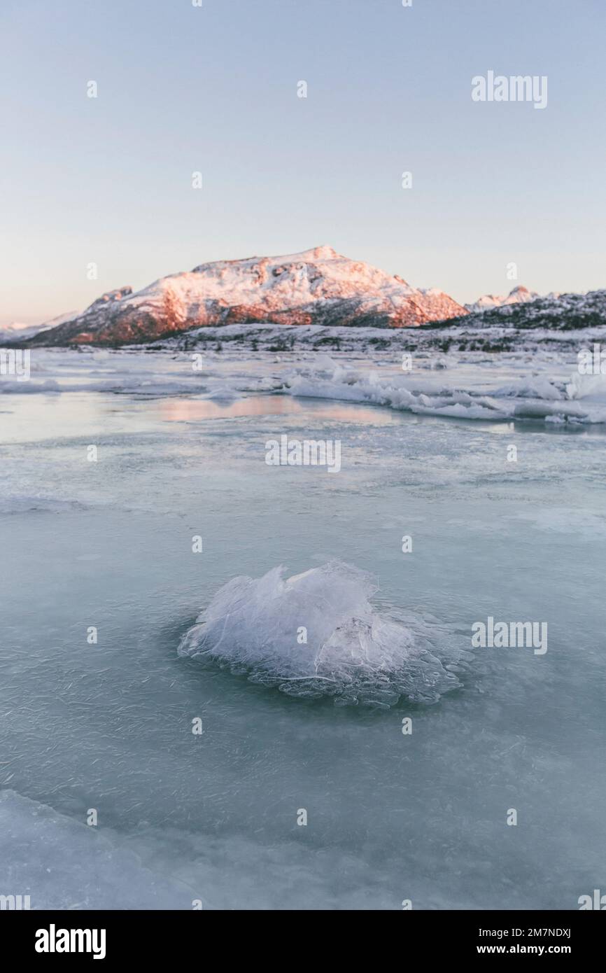 FLOE di ghiaccio congelato a Vesteralen, Norvegia, superficie di mare congelata e ghiacciata, fiordo con FLOES di ghiaccio, primo piano Foto Stock