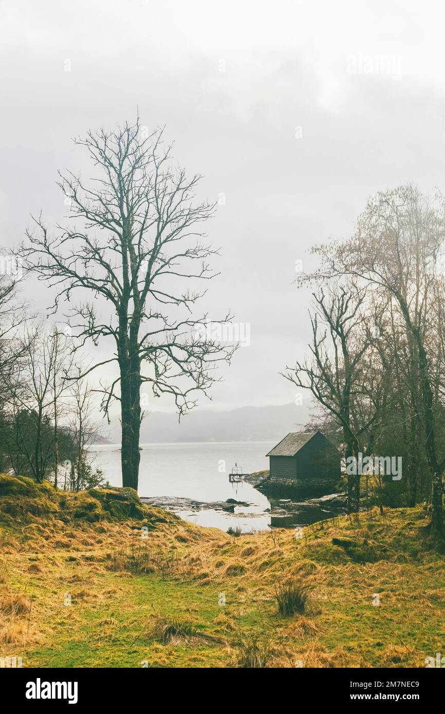 Solitario cottage di pesca sul fiordo in Norvegia, tipico paesaggio fiordo con piccole isole, isolamento e tranquillità dal mondo esterno, casa sul lago Foto Stock