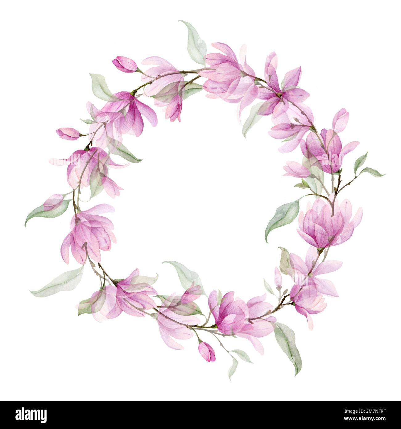 Wreath acquerello con fiori rosa e foglie verdi. Illustrazione disegnata a mano di una cornice circolare con Magnolia o Rose su sfondo isolato. Bordo botanico per biglietti d'auguri o inviti di nozze. Foto Stock
