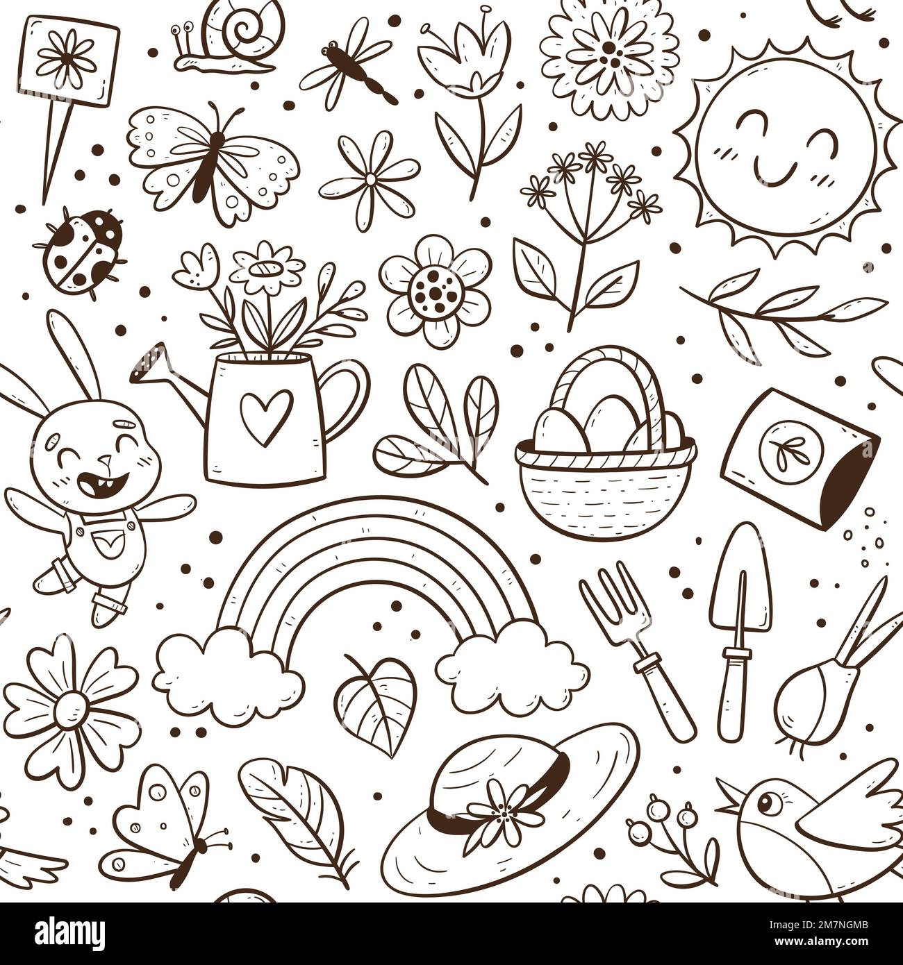 Motivo a molla trafilato a mano senza cuciture con elementi stagionali. Fiori, piante e attrezzi di giardinaggio. Illustrazione del vettore Doodle con elementi isolati. Illustrazione Vettoriale